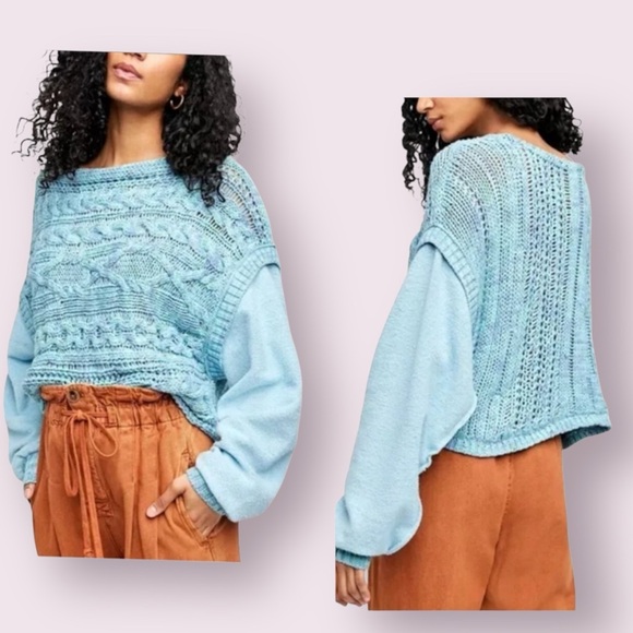 Free People Honey Cable Pullover Sweater Layered Look Blue Size Large - Picture 1 of 14